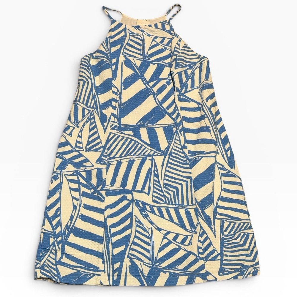Lilly Pulitzer Blue White Sailboat Yacht Seersucker Cotton Halter Shift‎ Dress 2